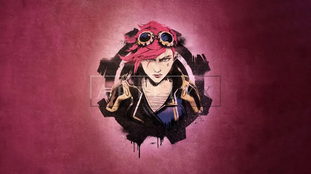 Pink-Haired Enforcer on a Crimson Backdrop metal wall art by Artelyx Studios