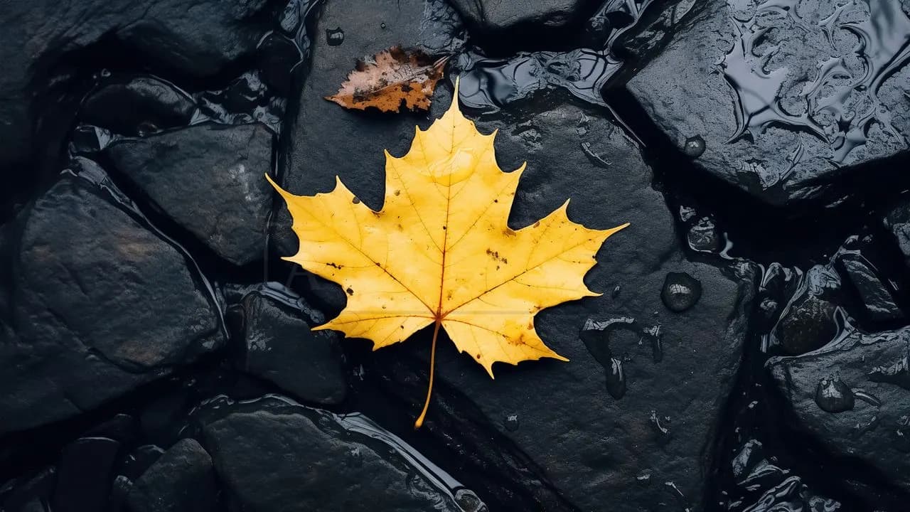 Golden Maple Leaf on Black Stones metal wall art by Artelyx Studios