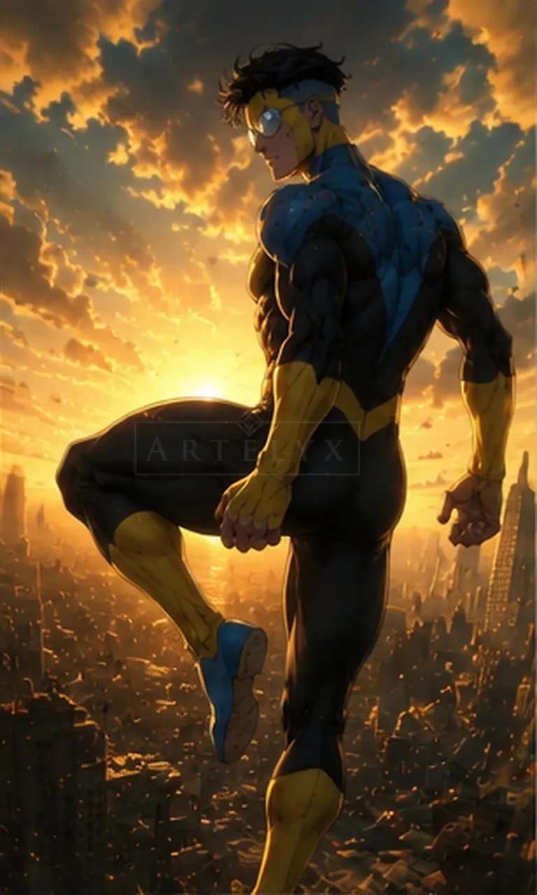Invincible at Sunset Over the City metal wall art by Artelyx Studios
