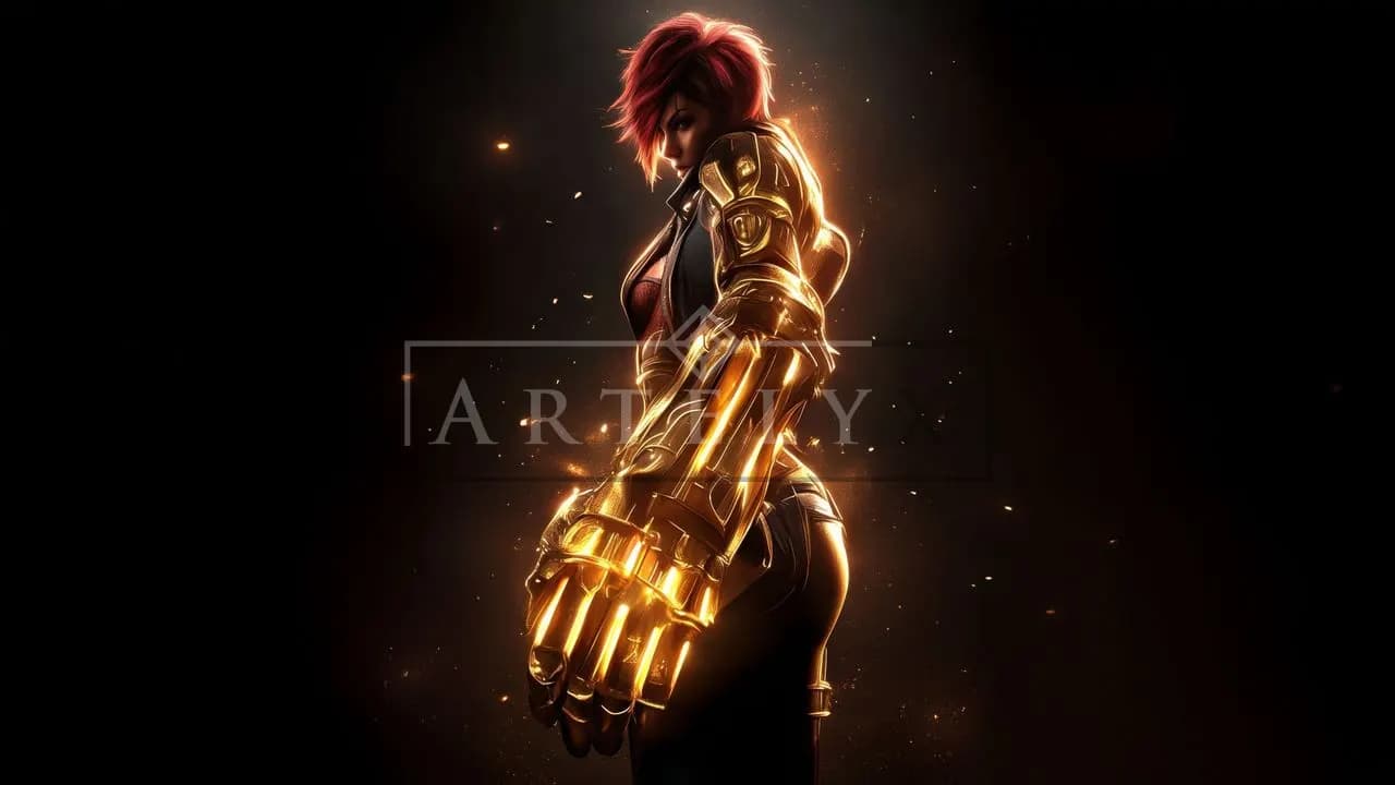 Warrior with a Glowing Golden Gauntlet metal wall art by Artelyx Studios