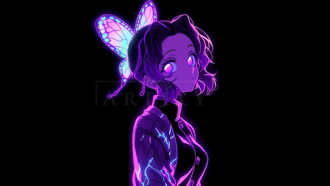 Shinobu Kocho Neon Butterfly Glow metal wall art by Artelyx Studios