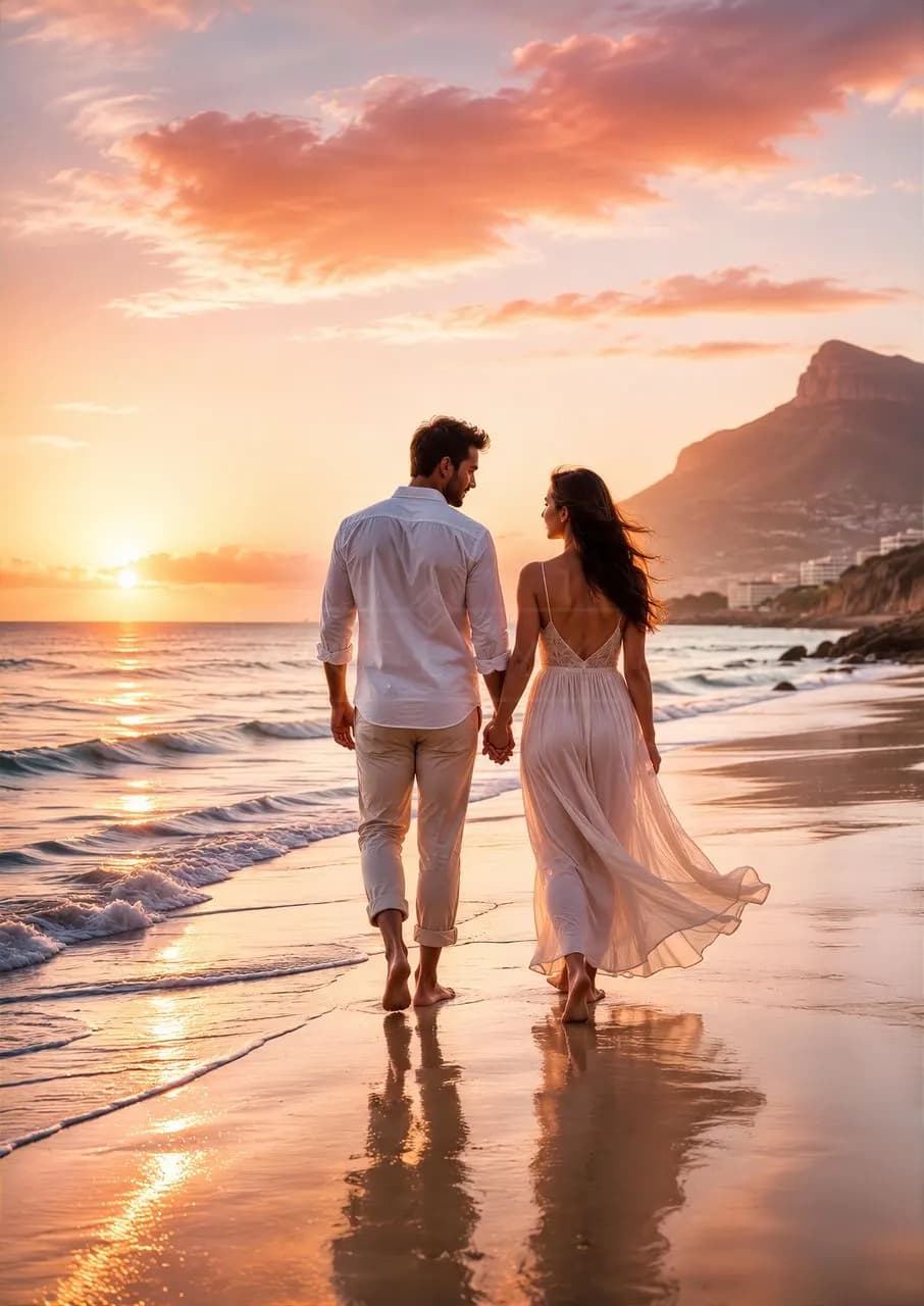 Romantic Couple Walking on Beach at Sunset metal wall art by Artelyx Studios