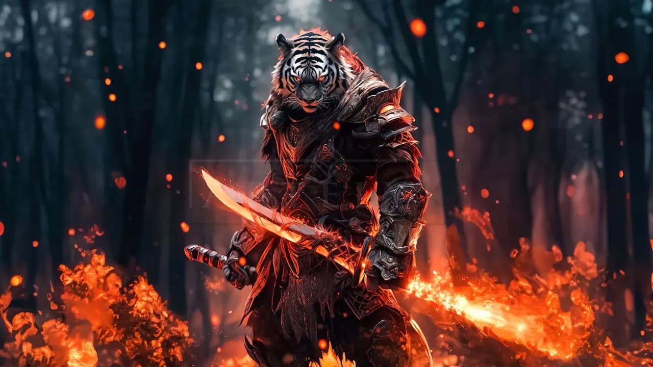Flaming Tiger Warrior metal wall art by Artelyx Studios