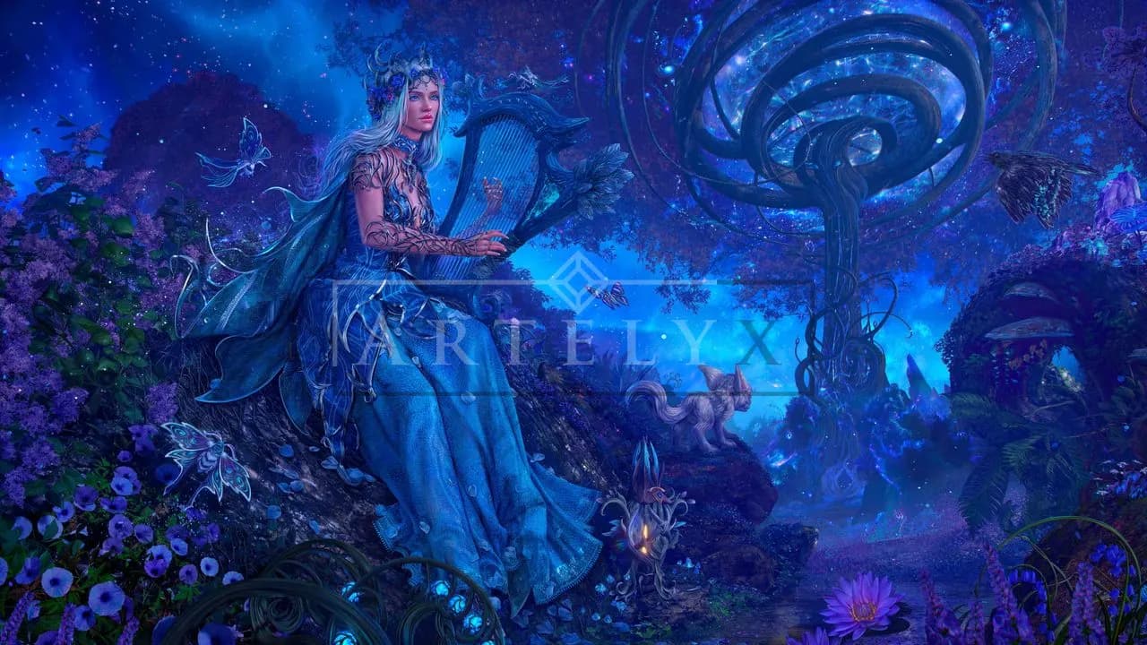 Celestial Harp in the Enchanted Grove metal wall art by Artelyx Studios