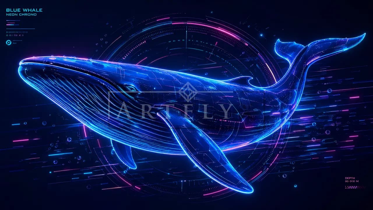 Neon Chrono Blue Whale metal wall art by Artelyx Studios