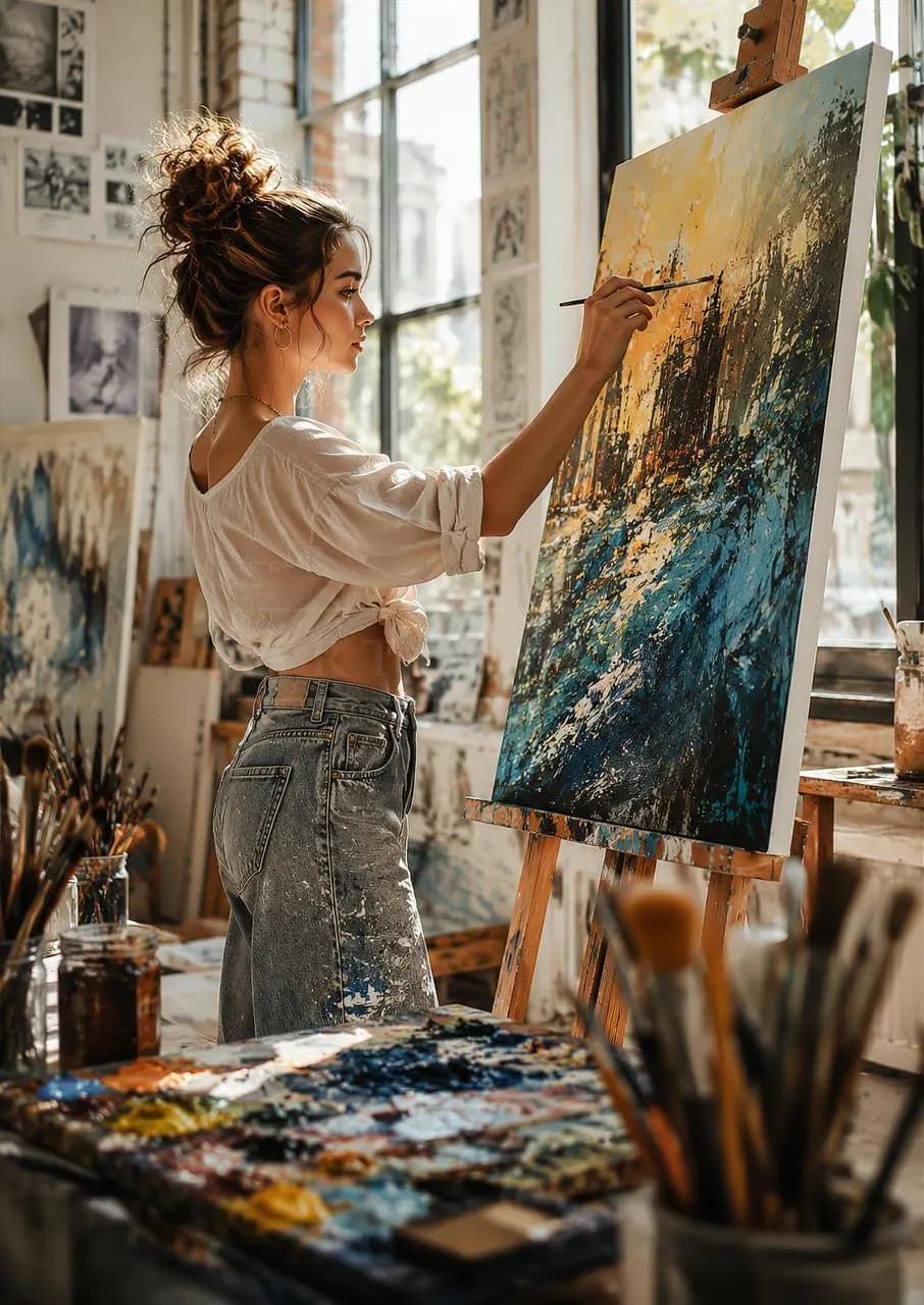 Female Artist Painting in Sunlit Studio metal wall art by Artelyx Studios
