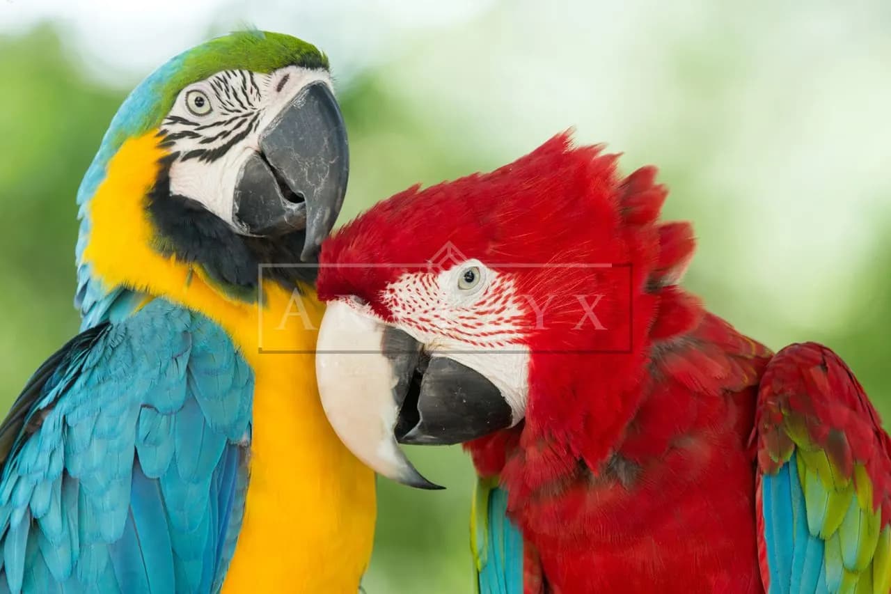 Vibrant Macaw Pair Portrait metal wall art by Artelyx Studios