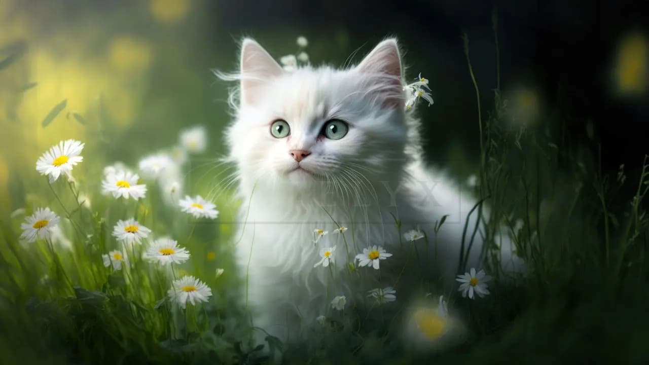 White Kitten in Daisy Field metal wall art by Artelyx Studios