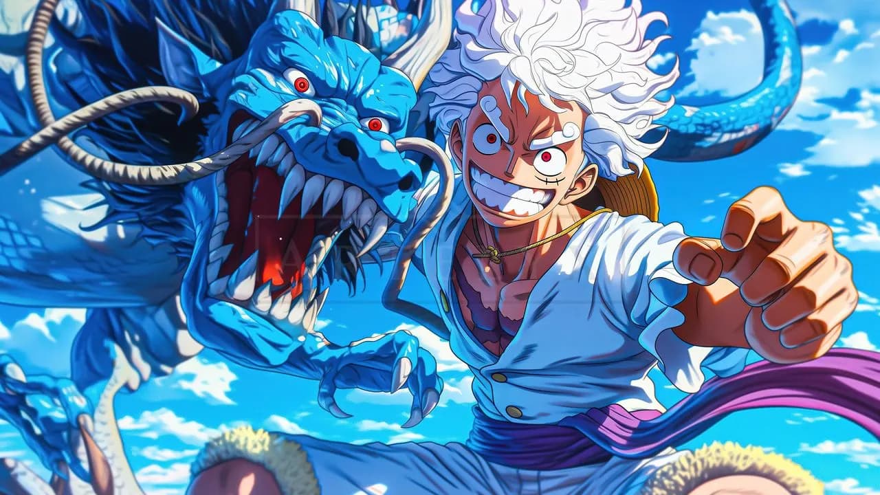 Gear 5 Luffy and Kaido Sky Clash metal wall art by Artelyx Studios