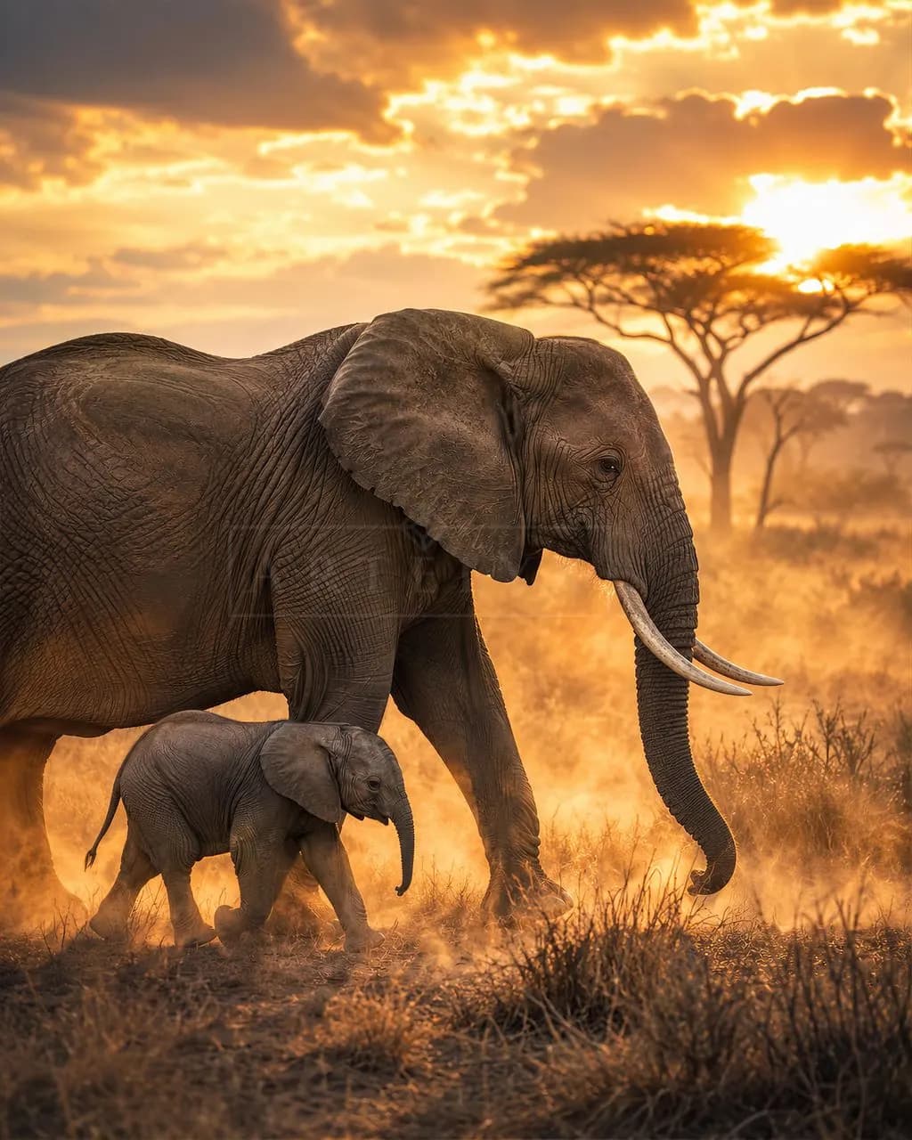 Elephant Mother and Calf at Sunset metal wall art by Artelyx Studios