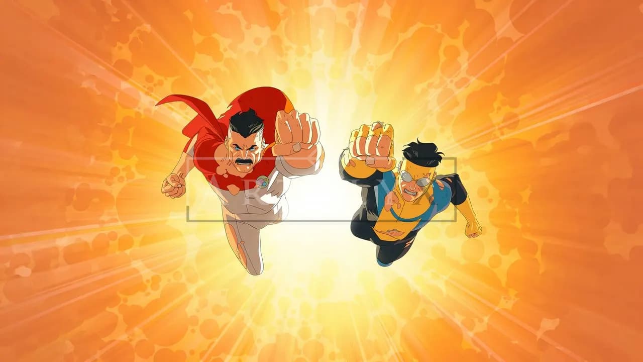 Invincible and Omni-Man Flying Artwork metal wall art by Artelyx Studios