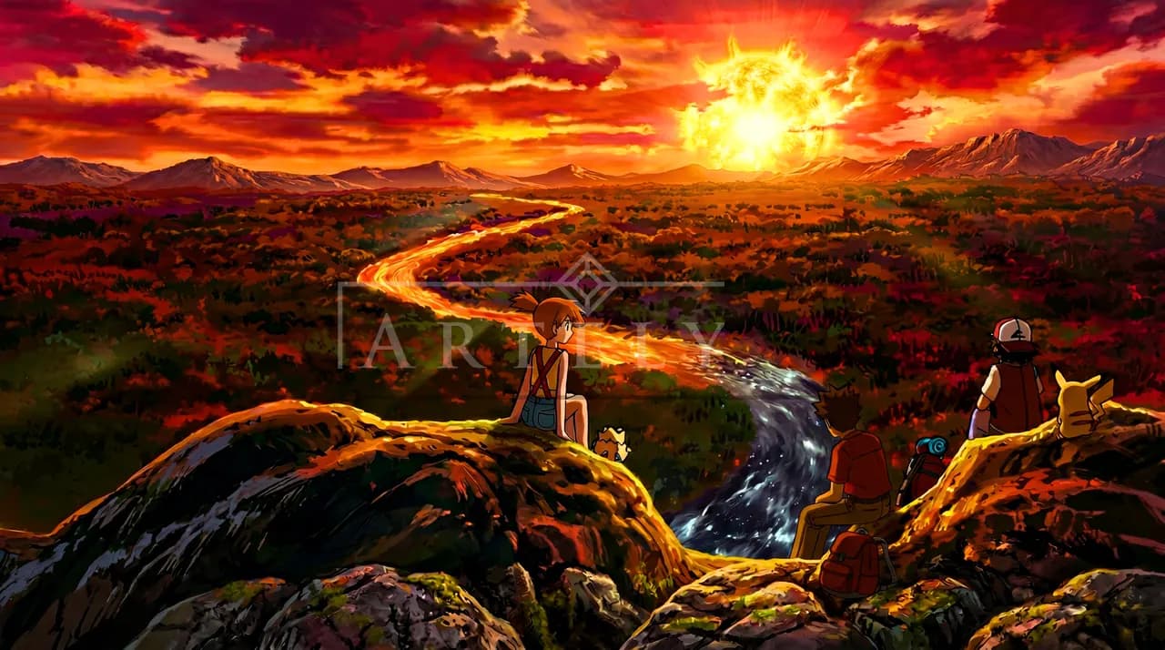 Pokémon Sunset Journey Scene metal wall art by Artelyx Studios