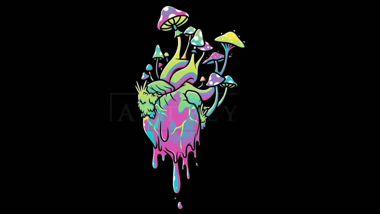 Psychedelic Melting Heart Mushrooms metal wall art by Artelyx Studios