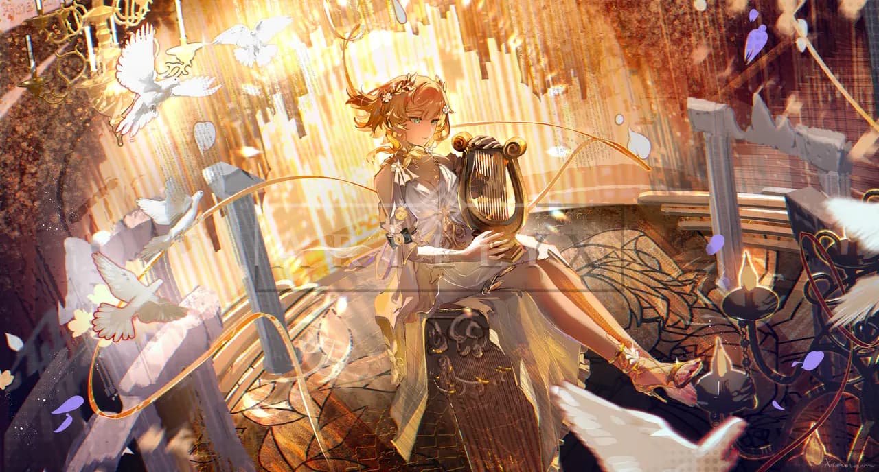 Golden Harp in the Cathedral of Light metal wall art by Artelyx Studios