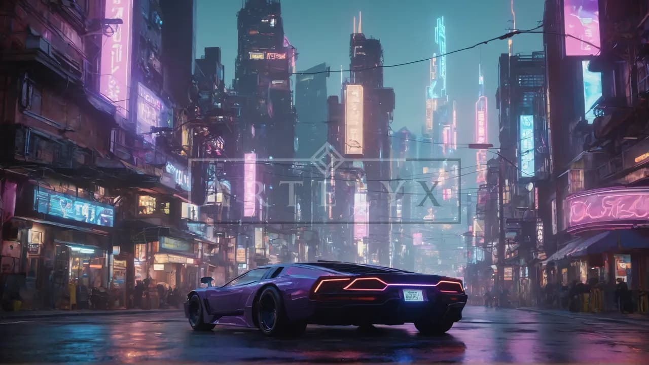 Neon Drive Through the Cyber City metal wall art by Artelyx Studios