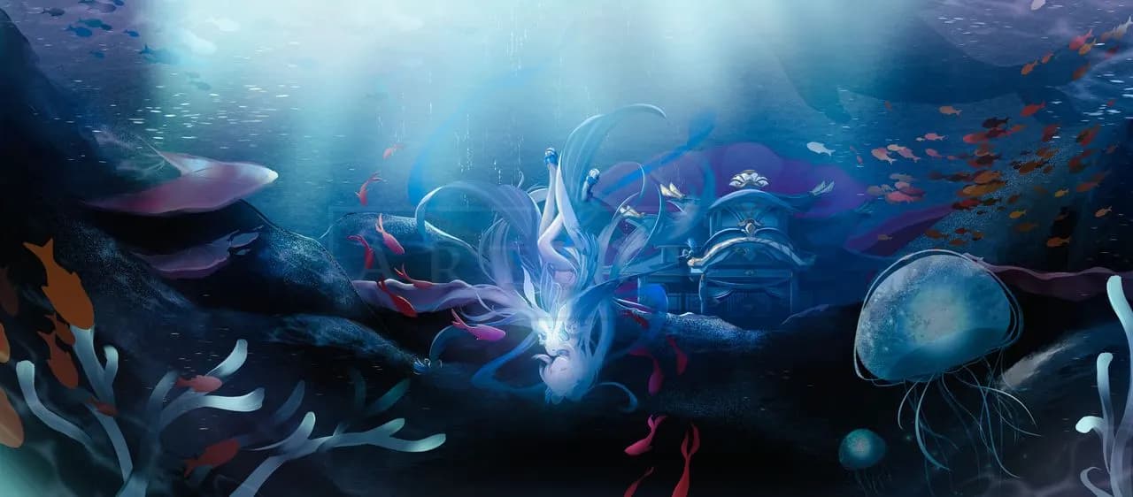 Kokomi Underwater Fantasy Scene metal wall art by Artelyx Studios
