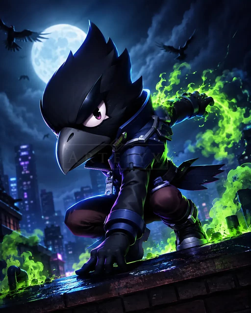Crow Character on Rooftop with Green Energy metal wall art by Artelyx Studios