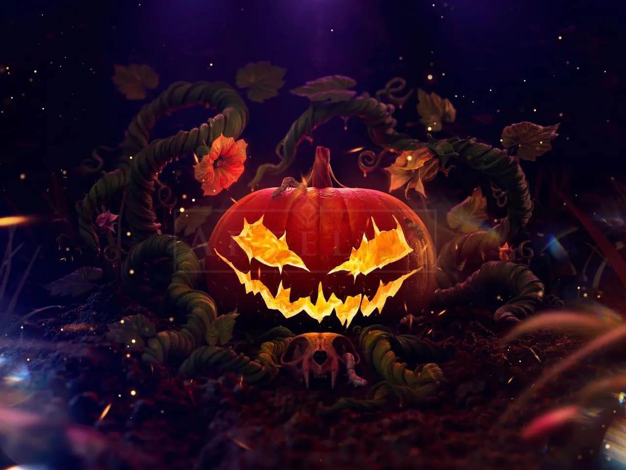 Enchanted Halloween Jack-o’-Lantern Scene metal wall art by Artelyx Studios