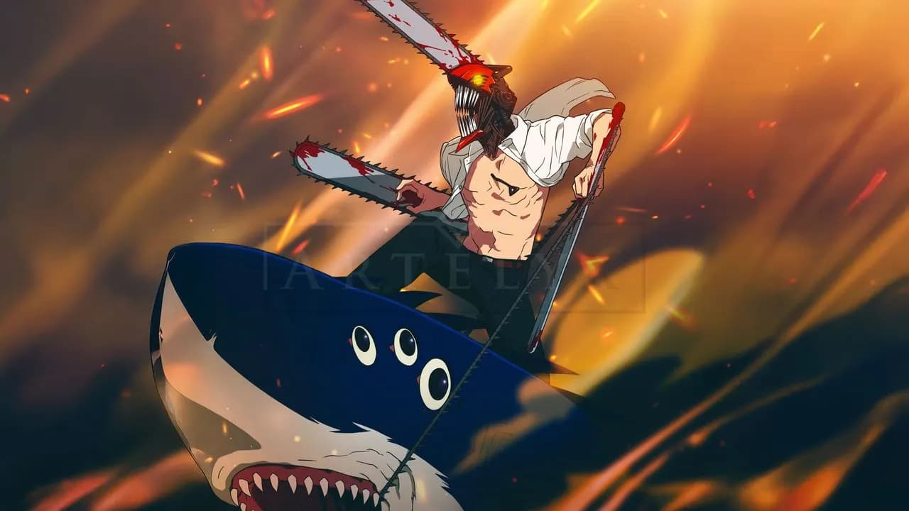 Chainsaw Man Riding a Shark metal wall art by Artelyx Studios
