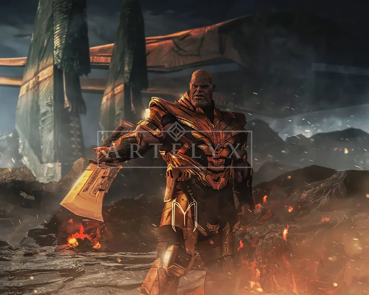 Armored Titan on a Ruined Battlefield metal wall art by Artelyx Studios