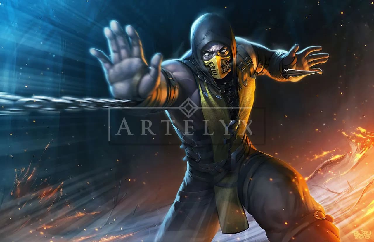 Scorpion Unleashing the Chain Strike metal wall art by Artelyx Studios