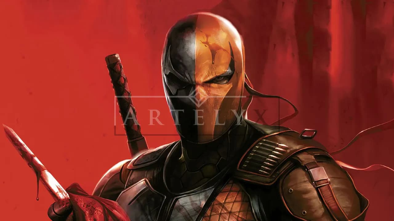 Crimson Mercenary of the Bladed Mask metal wall art by Artelyx Studios