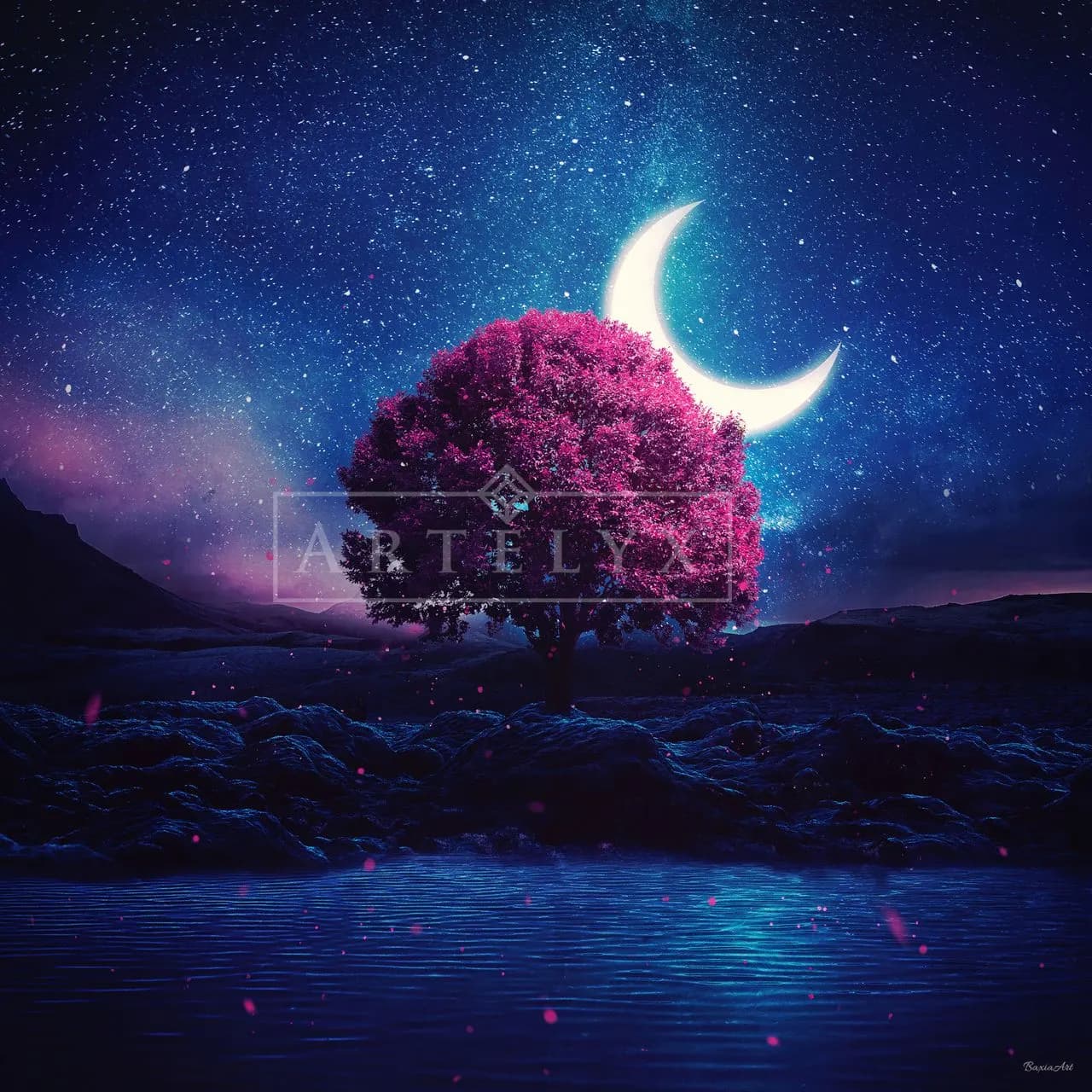Pink Tree Beneath a Crescent Moon metal wall art by Artelyx Studios