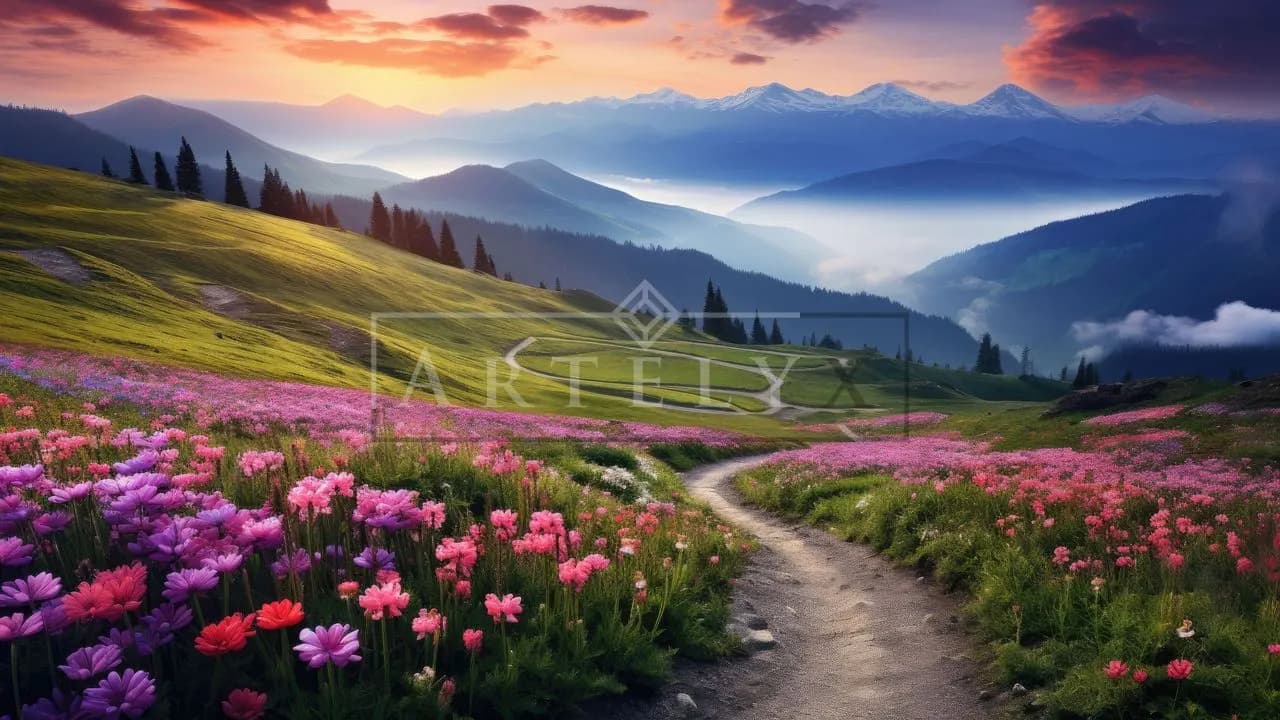 Winding Path Through a Blooming Mountain Valley metal wall art by Artelyx Studios