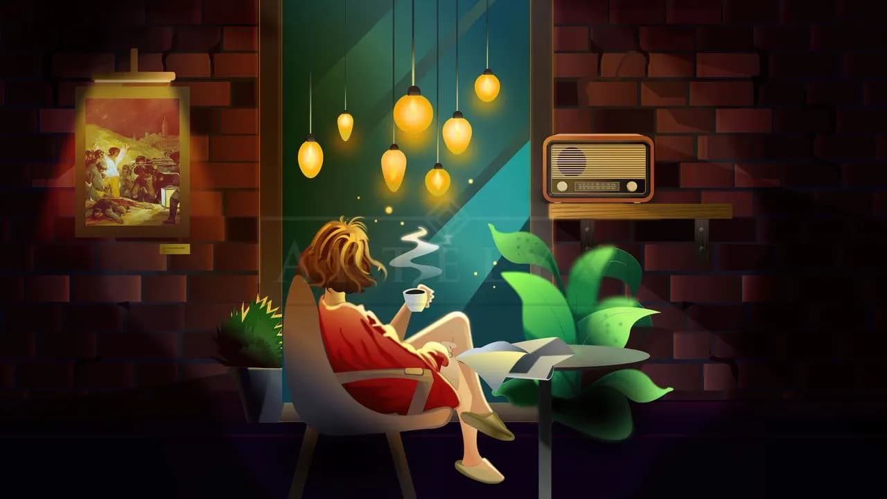 Cozy Coffee Night Reading Illustration metal wall art by Artelyx Studios