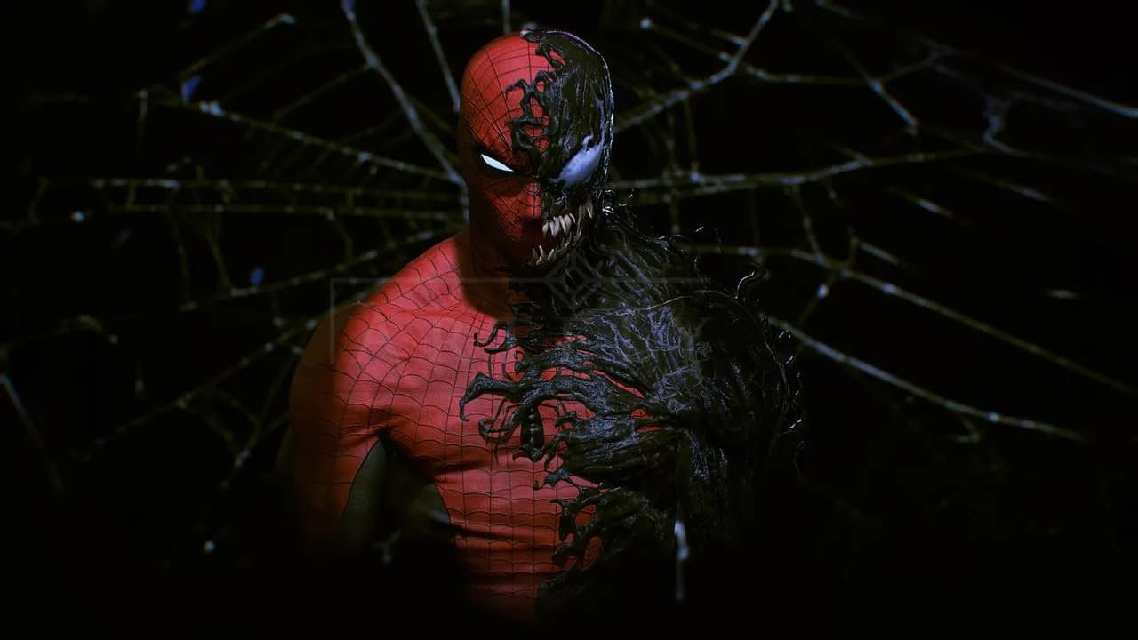 Spider-Man and Venom Split Portrait metal wall art by Artelyx Studios