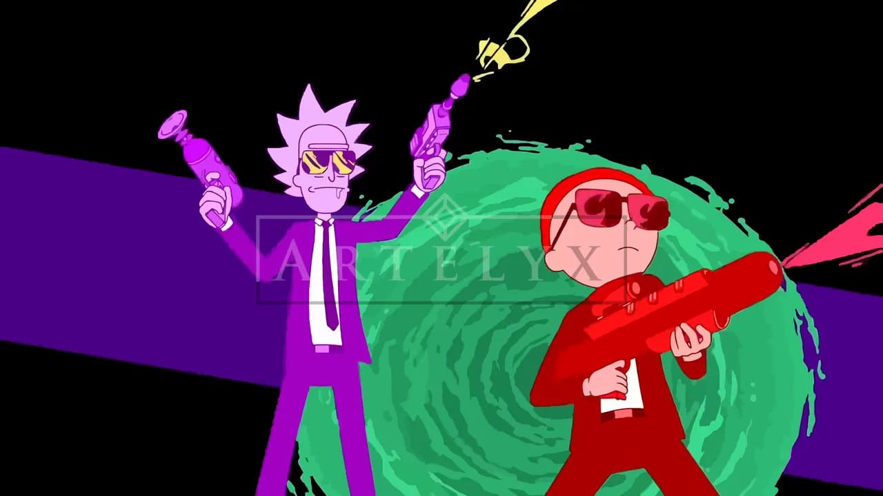 Rick and Morty at the Portal Standoff metal wall art by Artelyx Studios
