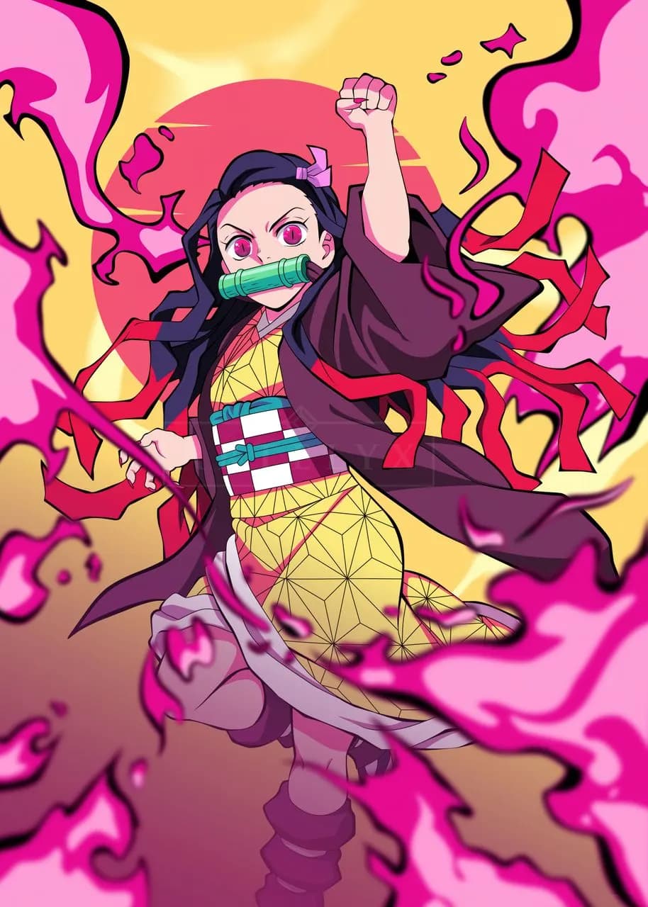Nezuko Kamado Pink Flame Strike metal wall art by Artelyx Studios