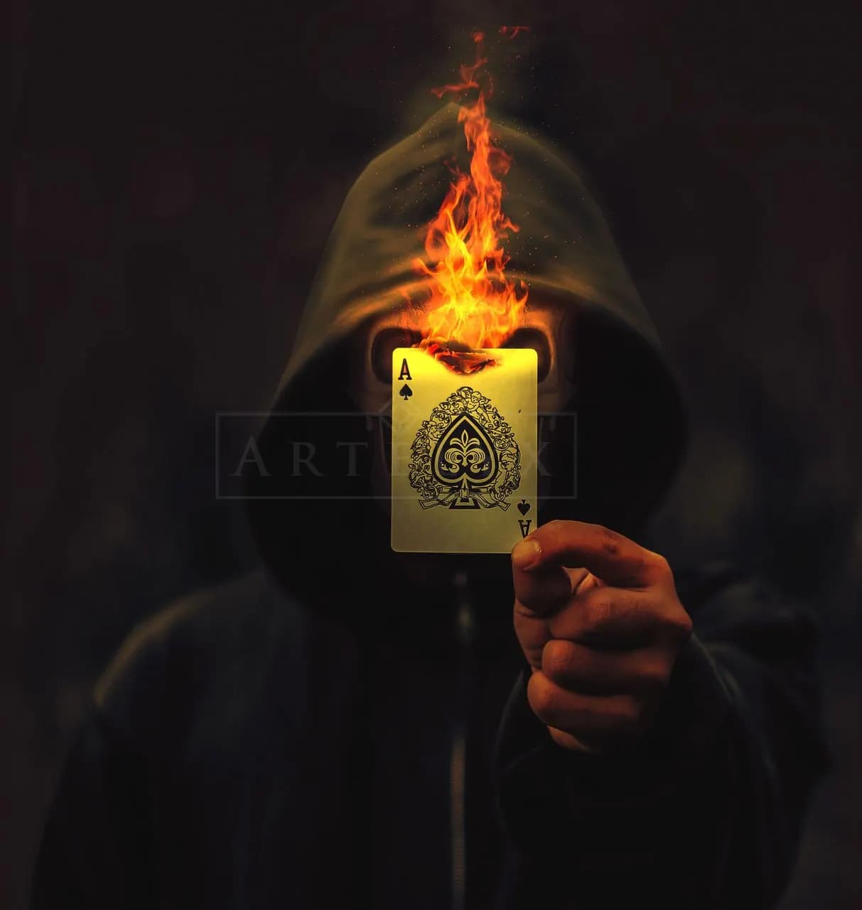 Burning Ace of Spades in Hooded Hand metal wall art by Artelyx Studios