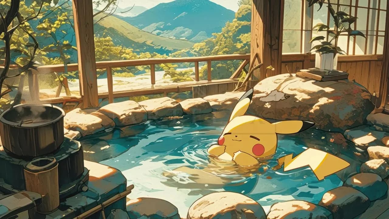 Pikachu Hot Spring Retreat metal wall art by Artelyx Studios