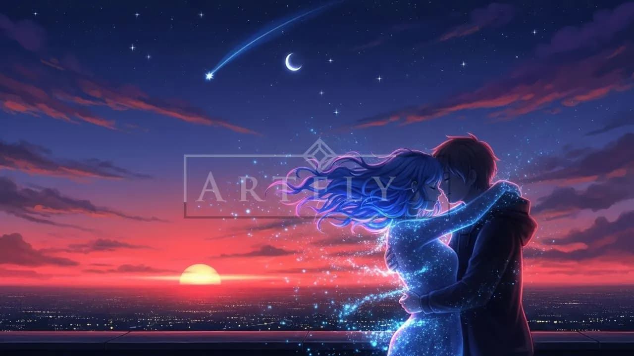 Romantic Anime Couple at Sunset metal wall art by Artelyx Studios