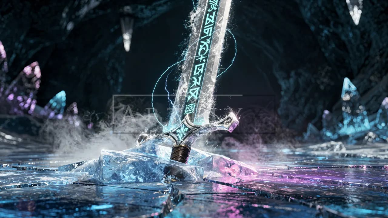 Runeblade in the Ice metal wall art by Artelyx Studios