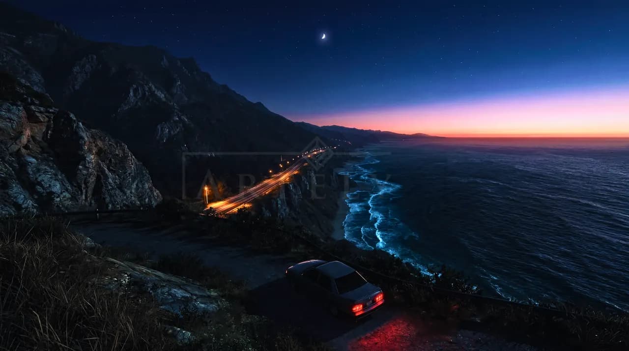 Moonlit Coastal Highway metal wall art by Artelyx Studios