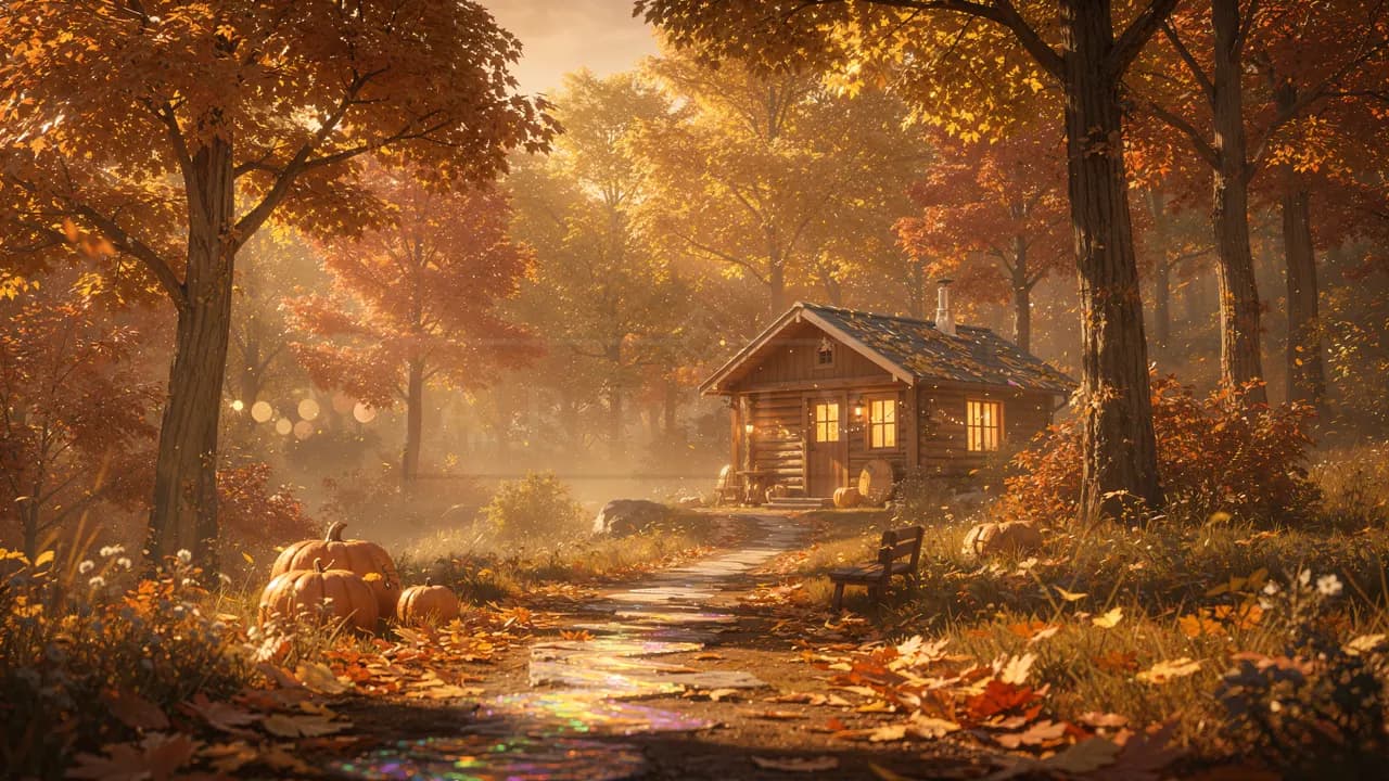 Cozy Autumn Cabin in Forest metal wall art by Artelyx Studios