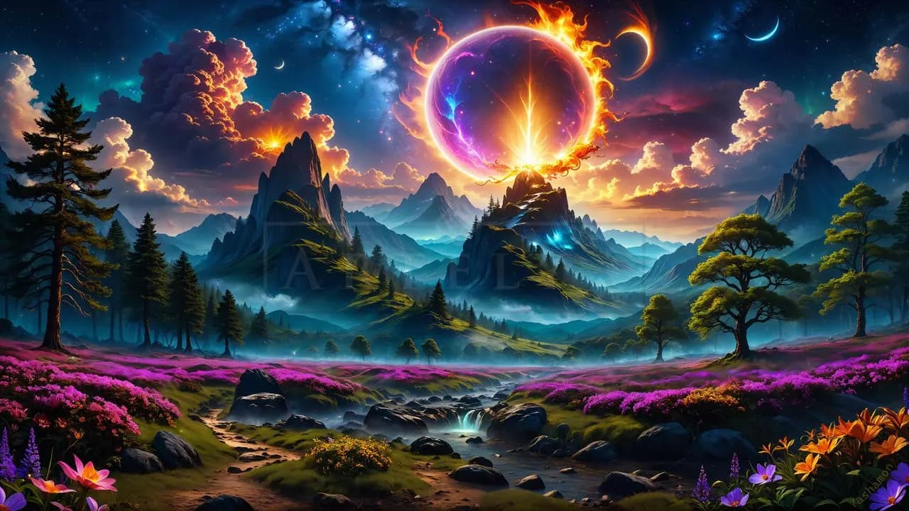 Fantasy Eclipse Mountain Landscape metal wall art by Artelyx Studios