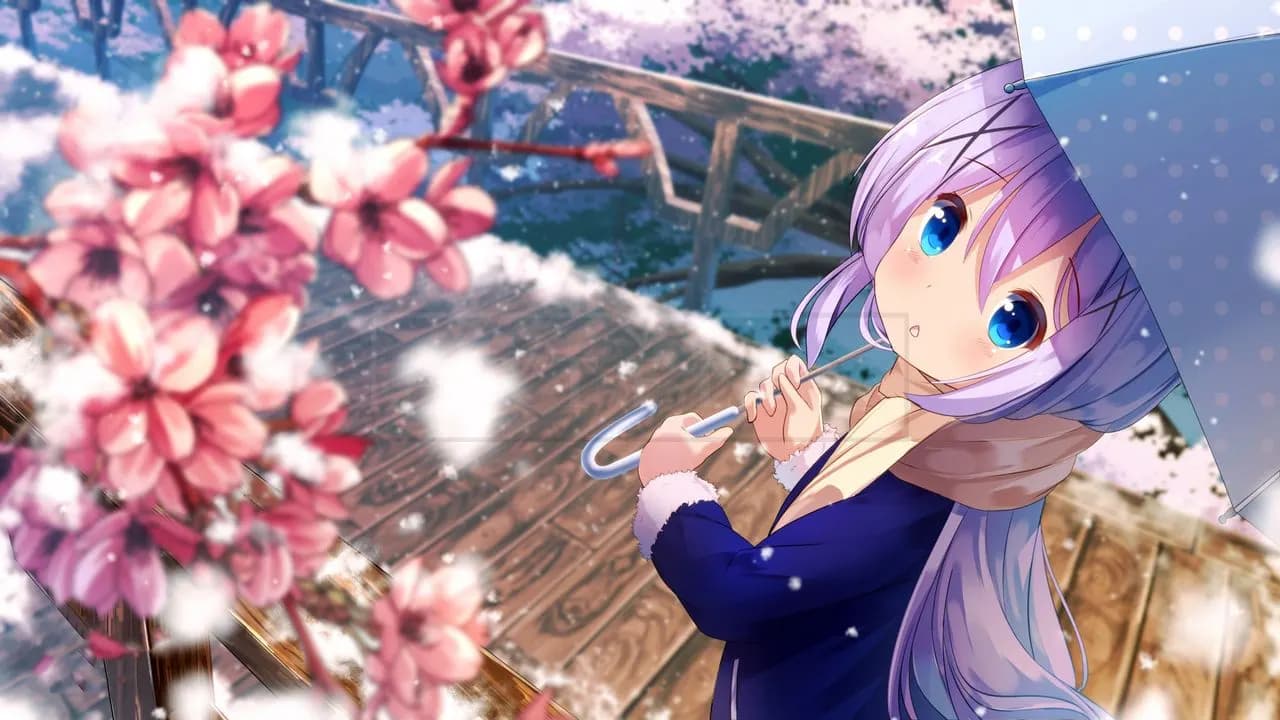 Anime Girl with Umbrella in Cherry Blossom Snow metal wall art by Artelyx Studios