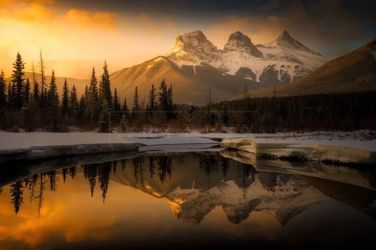 Three Sisters Mountain Reflection at Sunset metal wall art by Artelyx Studios