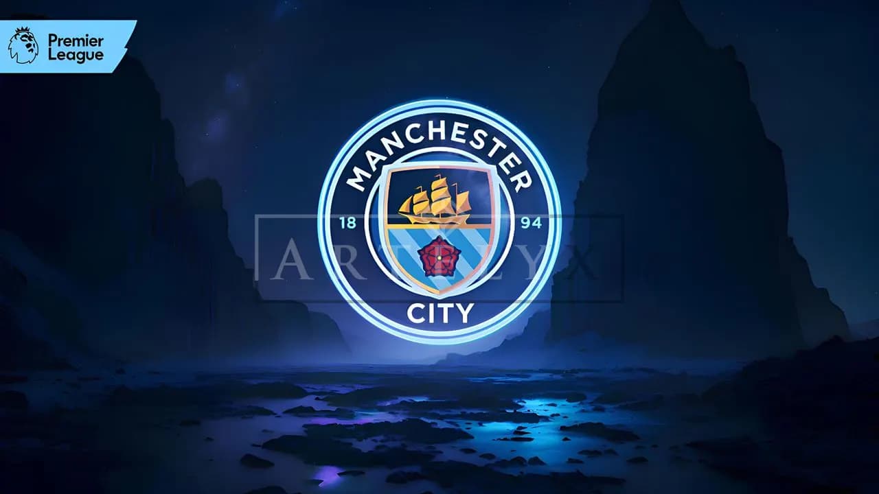 Manchester City in Blue Glow metal wall art by Artelyx Studios