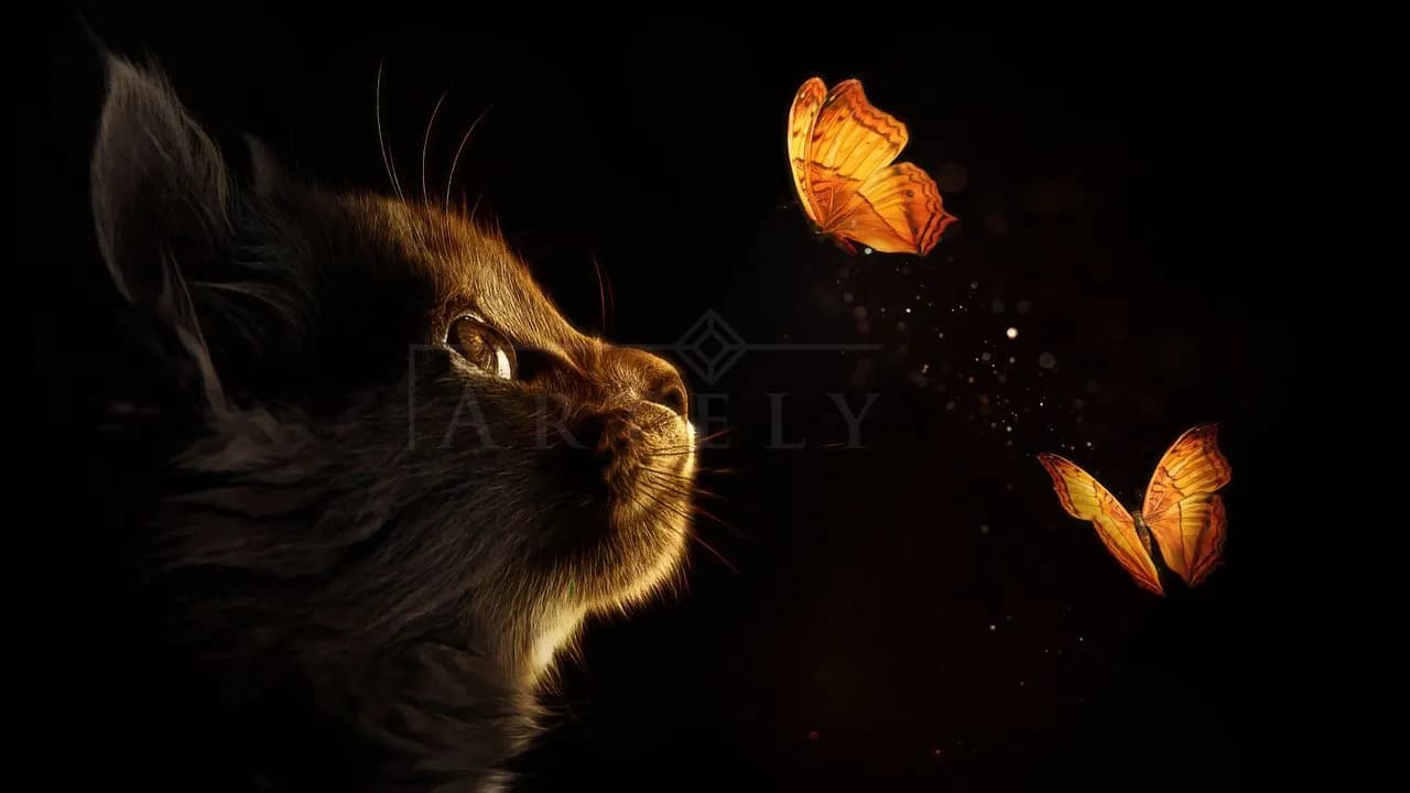 Kitten and Glowing Butterflies metal wall art by Artelyx Studios