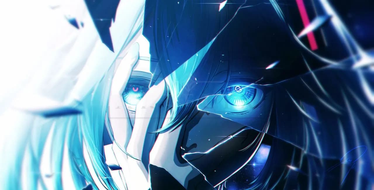 Shattered Glass Blue Eyes Anime Portrait metal wall art by Artelyx Studios