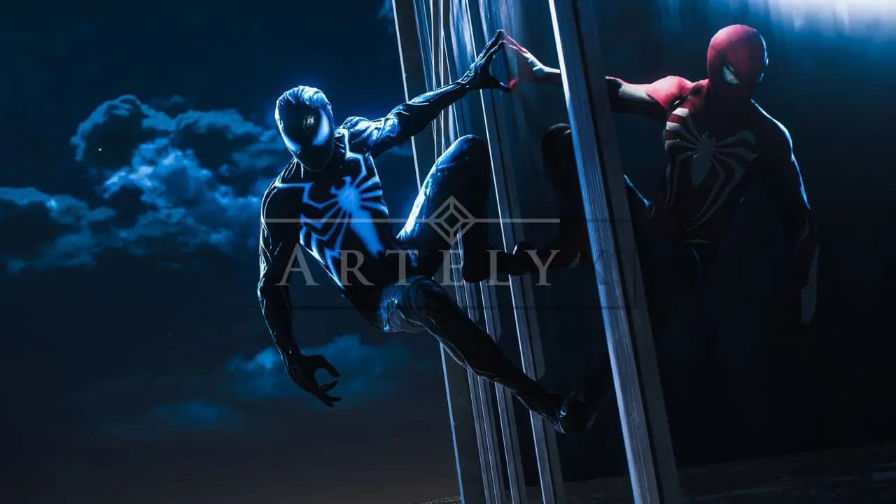 Midnight Climb of the Twin Web Heroes metal wall art by Artelyx Studios