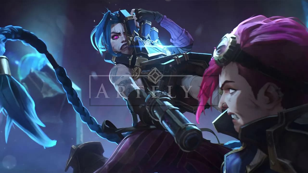 Jinx and Vi Clash in a Neon-Fueled Showdown metal wall art by Artelyx Studios