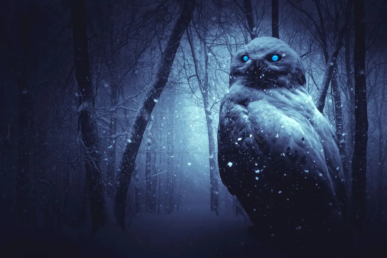 Blue-Eyed Owl in Winter Forest metal wall art by Artelyx Studios